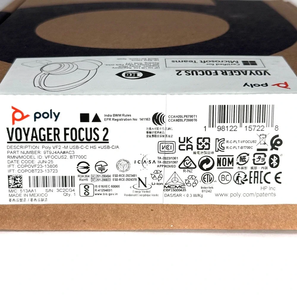 Poly Voyager Focus 2 UC Microsoft Teams Bluetooth Headset BT700C USB-C New